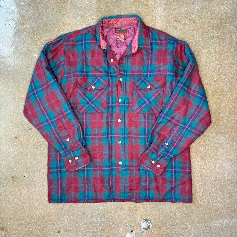Vintage High Sierra Mervyns Mens Large Quilted Wool Blend Plaid Flannel Shacket